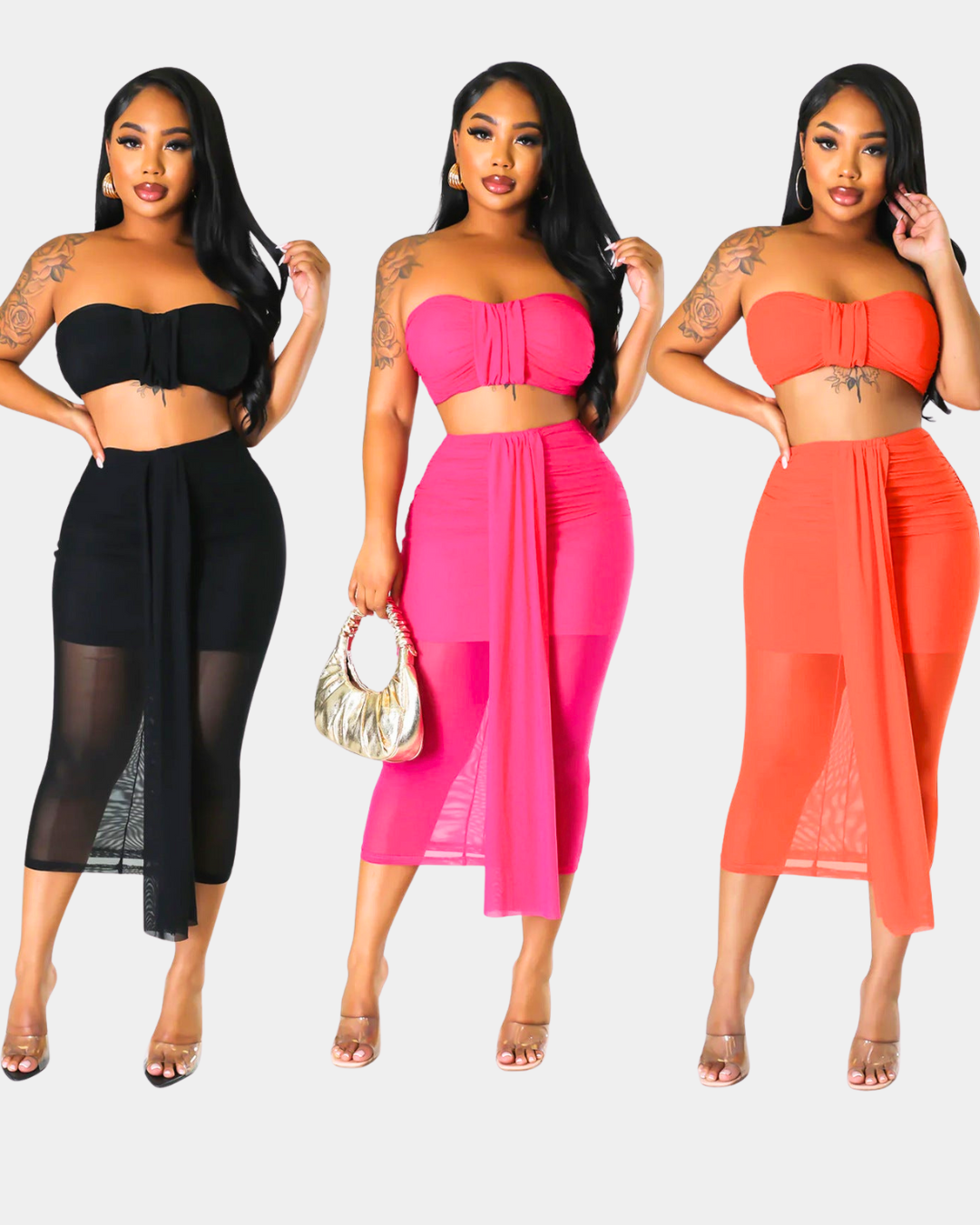 Mesh Wrap Skirt Set