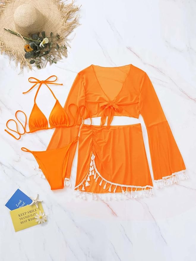 4pcs Solid Color Bikini Set